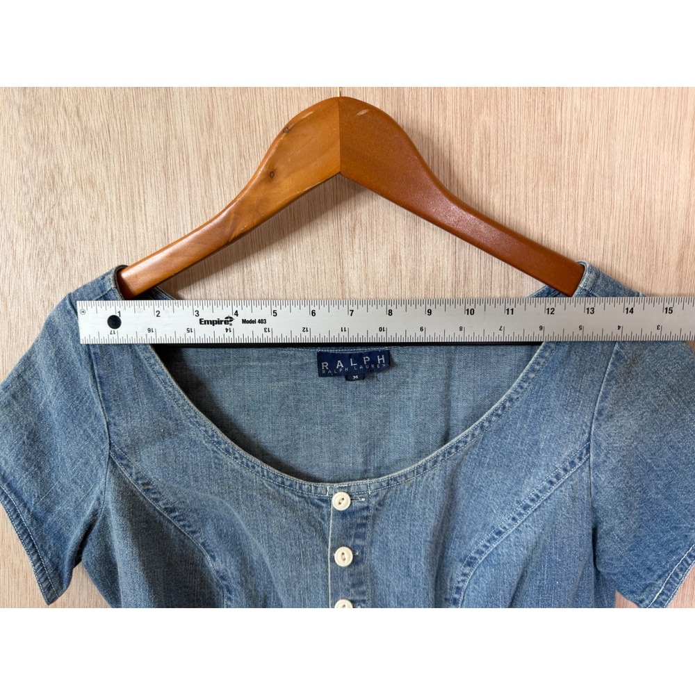 Vintage Ralph Lauren Denim Crop Top Blue Button Down Short Sleeve Shirt M - Picture 2 of 4